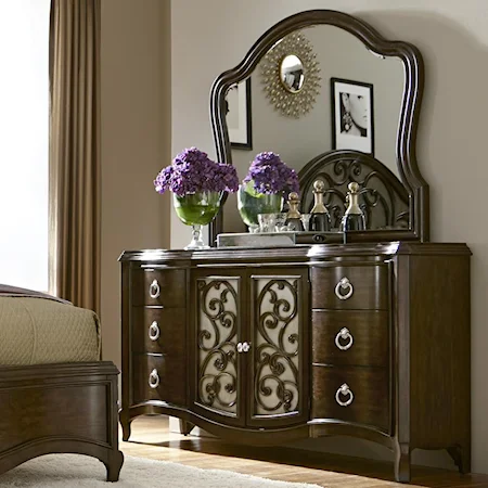 Transitional 6 Drawer Dresser and Mirror